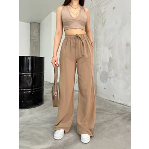 Kadın Vizon Keten Beli Lastik Bağlamalı Yüksek Bel Geniş Kesim Cepli Yazlık Pantolon