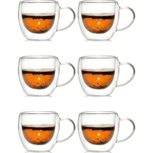 Kitchen Design Lab Yeni Tasarım Çift Cidarlı 250 ml Kulplu Cam Bardak, Neskafe Fincanı, Çay Kupası, 6 Adet 2037
