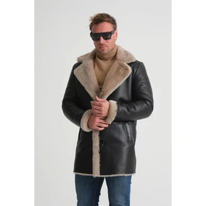 By Marki Marki Lüks Erkek Deri Kaban, 90 cm Uzunluk, Hakiki Kürk Yaka, Premium Siyah Dış Yüzey - 500522