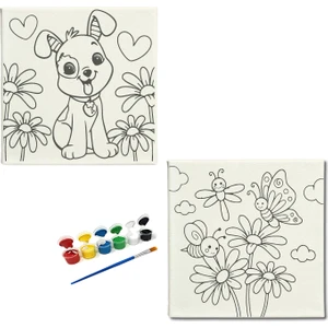 Dudu Ahşap Anaokulu İlkokul Etkinliği 2'li Tuval Boyama Seti 20 x 20 cm Uv Baskı + 6 Akrilik Boya + 1 Fırça Model 51