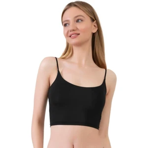 Mikrofiber Dokulu Ince Askılı Siyah Crop Top Büstiyer