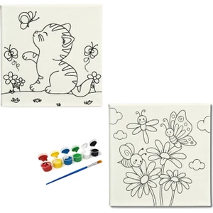 Dudu Ahşap Anaokulu İlkokul Etkinliği 2'li Tuval Boyama Seti 20 x 20 cm Uv Baskı + 6 Akrilik Boya + 1 Fırça Model 49