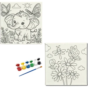 Dudu Ahşap Anaokulu İlkokulu Etkinliği 2'li Tuval Boyama Seti 20 x 20 cm Uv Baskı + 6 Akrilik Boya + 1 Fırça Model 53