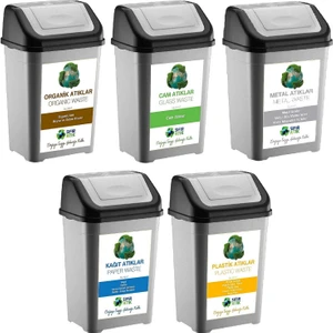 Sıfır Atık Kutusu 50 Lt* 5 Adet Geri Dönüşüm Kutusu  Tek Kapaklı Kağıt Organik Cam Plastik Metal