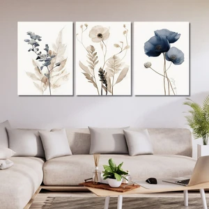3'lü Kanvas Duvar Tablosu Pastel Soft Mavi Çiçekler