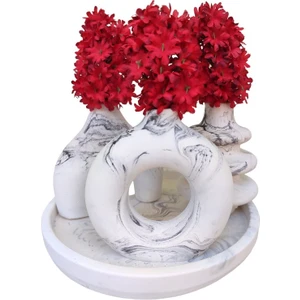 BSG Home Yuvarlak Tepsili Mermer Desenli - Dekoratif Ev Aksesuar Seti - Minimal Vazo Set