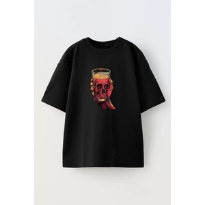 Nmg Tekstil Unisex Siyah Oversize Pamuk Kurukafa Bardak Baskılı Örme T-Shirt