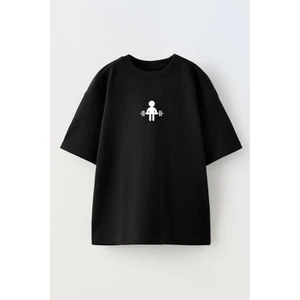 Nmg Tekstil Unisex Siyah Oversize Pamuk Gym Art Küçük Baskılı Örme T-Shirt