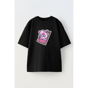 Nmg Tekstil Unisex Siyah Oversize Pamuk Powerpuff Pokemon Baskılı Örme T-Shirt