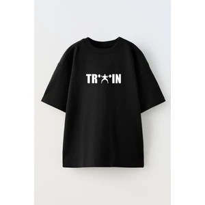 Nmg Tekstil Unisex Siyah Oversize Pamuk Train Halter Baskılı Örme T-Shirt