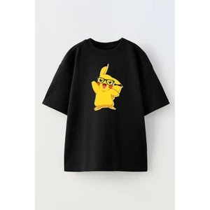 Nmg Tekstil Unisex Siyah Oversize Pamuk Gözlüklü Pikachu Baskılı Örme T-Shirt