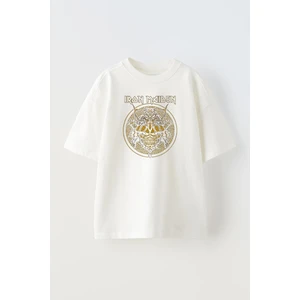 Nmg Tekstil Unisex Beyaz Oversize Pamuk Iron Maiden Sarı Halka Desen Baskılı Örme T-Shirt