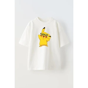 Nmg Tekstil Unisex Beyaz Oversize Pamuk Gözlüklü Pikachu Baskılı Örme T-Shirt