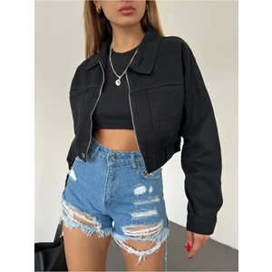 Fav Style Kadın Fermuar Kapamalı Çift Cepli Crop Kot Ceket