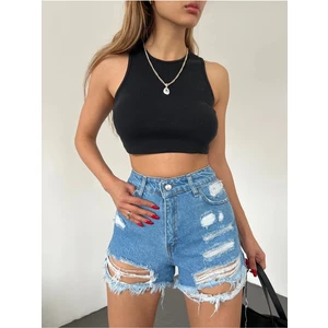 Fav Style Kadın Yüksek Bel Yırtıklı Cepli Kot Şort