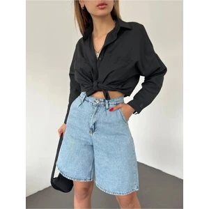 Fav Style Kadın Yüksek Bel Bermuda Geniş Paça Kot Şort