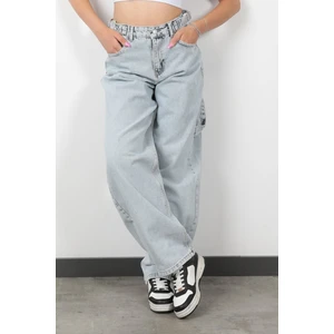 Bol Paça Kadın Kot Pantolon %100 Pamuk Yan Kemer Detaylı Baggy Buz Mavi Jean - 1683-126