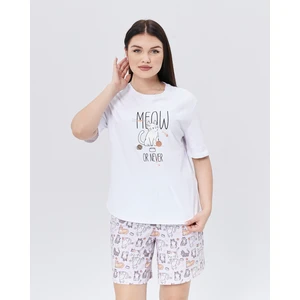 Yhg Tekstil Penye Kısa Kollu Kedicik Desenli Şortlu Saf Pamuk Pijama Takımı