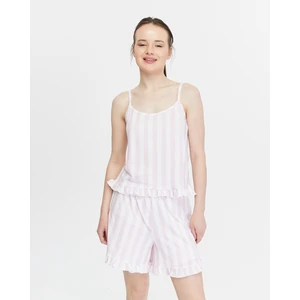 Yhg Tekstil Askılı Rahat Pamuklu Çizgili Kumaştan Fırfır Detaylı Şortlu Kadın Pijama Takımı