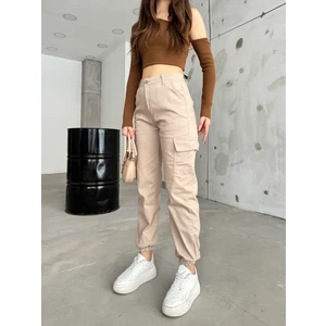 Bej Kargo Cepli Gabardin Kumaş Pantolon