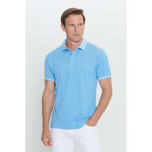AC&Co / Altınyıldız Classics Erkek Çekmeyen Pamuklu Kumaş Slim Fit Dar Kesim Saks-Beyaz Kıvrılmaz Polo Yaka Tişört