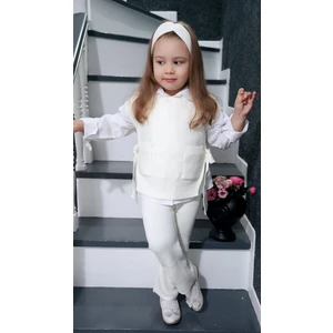 Meriç Bebe Saç Bandlı Pantolonlu Yanları Açık ve Bağlama Detay Süeterli Trend Kız Çocuk 3'lü Akrilik Triko Takım