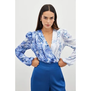 Çiçek Desenli Bodysuit Bluz - Indigo