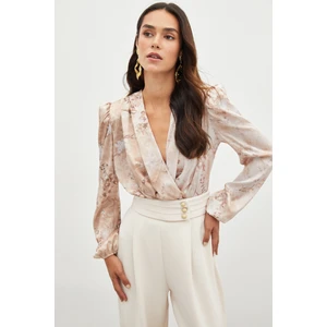 Çiçek Desenli Bodysuit Bluz - Camel