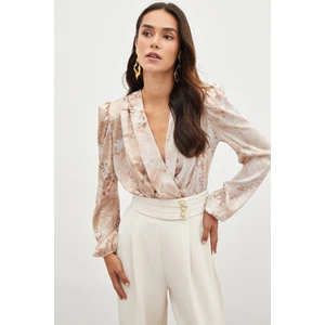 Çiçek Desenli Bodysuit Bluz - Camel