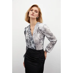 Çiçek Desenli Bodysuit Bluz - Gri