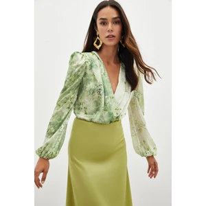 Çiçek Desenli Bodysuit Bluz - Çağla Yeşili