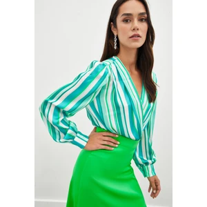 Çizgili Bodysuit Bluz - Çağla Yeşili