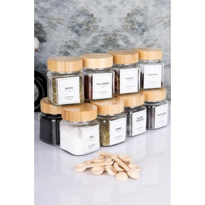 Moda Ozy Etiketli Bambu Kapaklı 300 ml 12 Adet Kavanoz ve 12 Adet Mini Baharat Kaşığı -24 Parça Baharat Seti