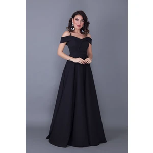 Kayık Yaka Düşük Omuz Detaylı Askılı Maxi Boy Siyah Abiye Elbise