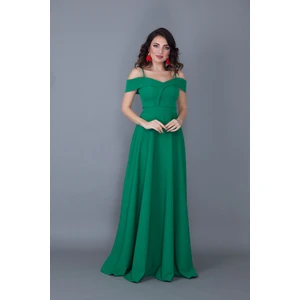 Kayık Yaka Düşük Omuz Detaylı Askılı Maxi Boy Çimen Yeşili Abiye Elbise