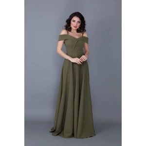 Kayık Yaka Düşük Omuz Detaylı Askılı Maxi Boy Haki Abiye Elbise