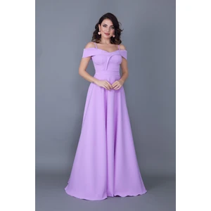 Kayık Yaka Düşük Omuz Detaylı Askılı Maxi Boy Lila Abiye Elbise