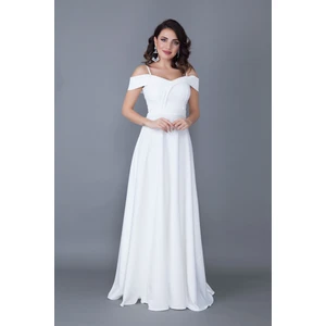 Kayık Yaka Düşük Omuz Detaylı Askılı Maxi Boy Beyaz Abiye Elbise