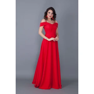 Kayık Yaka Düşük Omuz Detaylı Askılı Maxi Boy Kırmızı Abiye Elbise