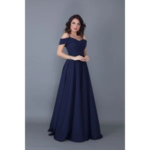 Kayık Yaka Düşük Omuz Detaylı Askılı Maxi Boy Lacivert Abiye Elbise