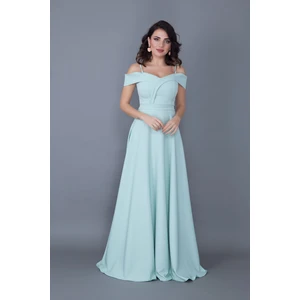 Kayık Yaka Düşük Omuz Detaylı Askılı Maxi Boy Mint Yeşili Abiye Elbise