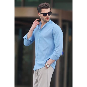 Açık Mavi Hakim Yaka Keten Görünümlü Pamuklu Uzun Kollu Erkek Gömlek 6745
