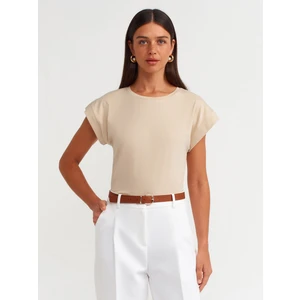 3504 Bisiklet Yaka Penye T-Shirt-Açık Bej