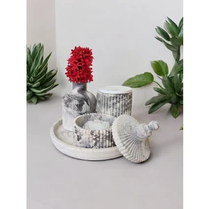 BSG Home Yuvarlak Tepsili Mermer Desenli Vazo Seti - Mumluklu ve Kutulu Ev Dekorasyon Seti (Mum Dahildir)