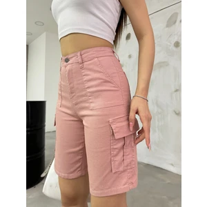 Kargo Cepli Yüksek Bel Esnek Bermuda Şort