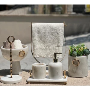 Sümeyra Marble Art Olivya- Beyaz Mermer Banyo Seti - 7 Parça - Gold Detaylı- Mermer Kase-Havluluk