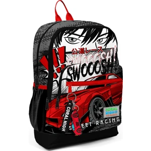 Coral High Siyah Kırmızı Anime Araba Desenli Dört Bölmeli Okul Sırt Çantası 23747