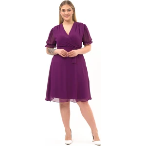 Kadın Kruvaze Yaka Kuşaklı Büyük Beden Midi Boy Şifon Elbise 4255-110