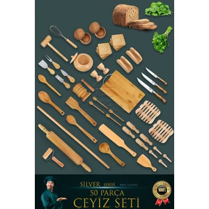 50 Li Ahşap Ağaç Tahta Kaşık Oklava Merdane Mutfak Bıçak Silver Serisi Çeyiz Seti Set3