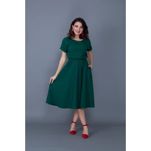 Zümrüt Beli Lastikli Cepli Yarasa Kol Midi Boy Elbise